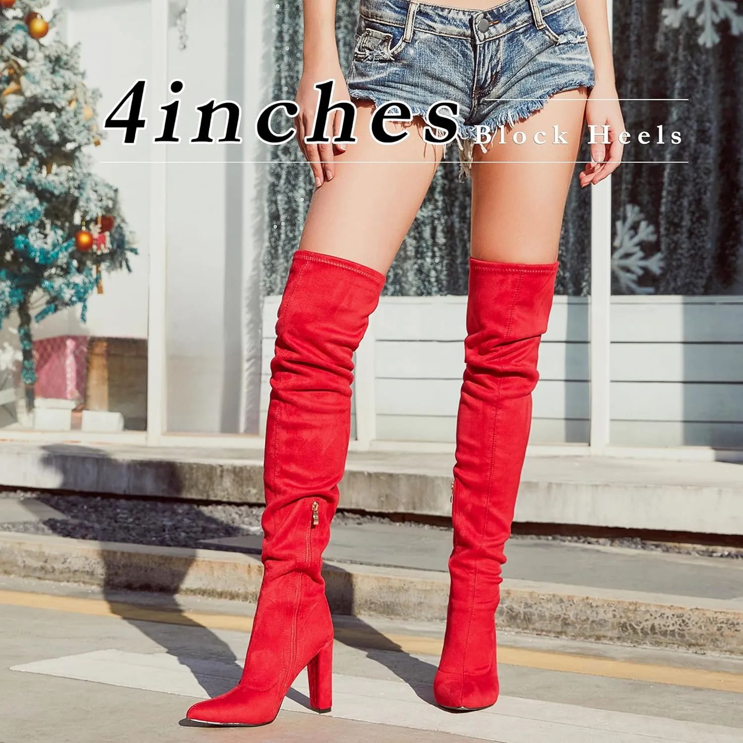 Thigh High Boots Women Chunky Heels Over The Knee Boots Pointed Toe Block Heeled Stretch Sexy High Heel Knee High Boots Side Zipper Long Boots