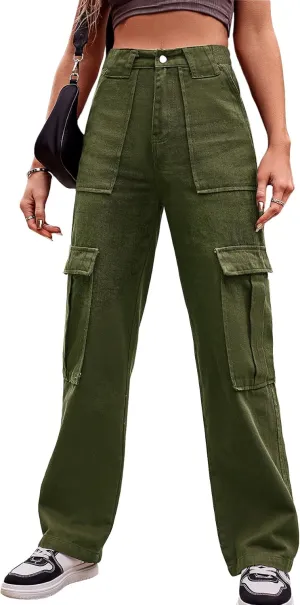 THWEI Cargo Pants for Women High Waisted Casual Baggy Stretchy Wide Leg Y2K Streetwear with 6 Pockets