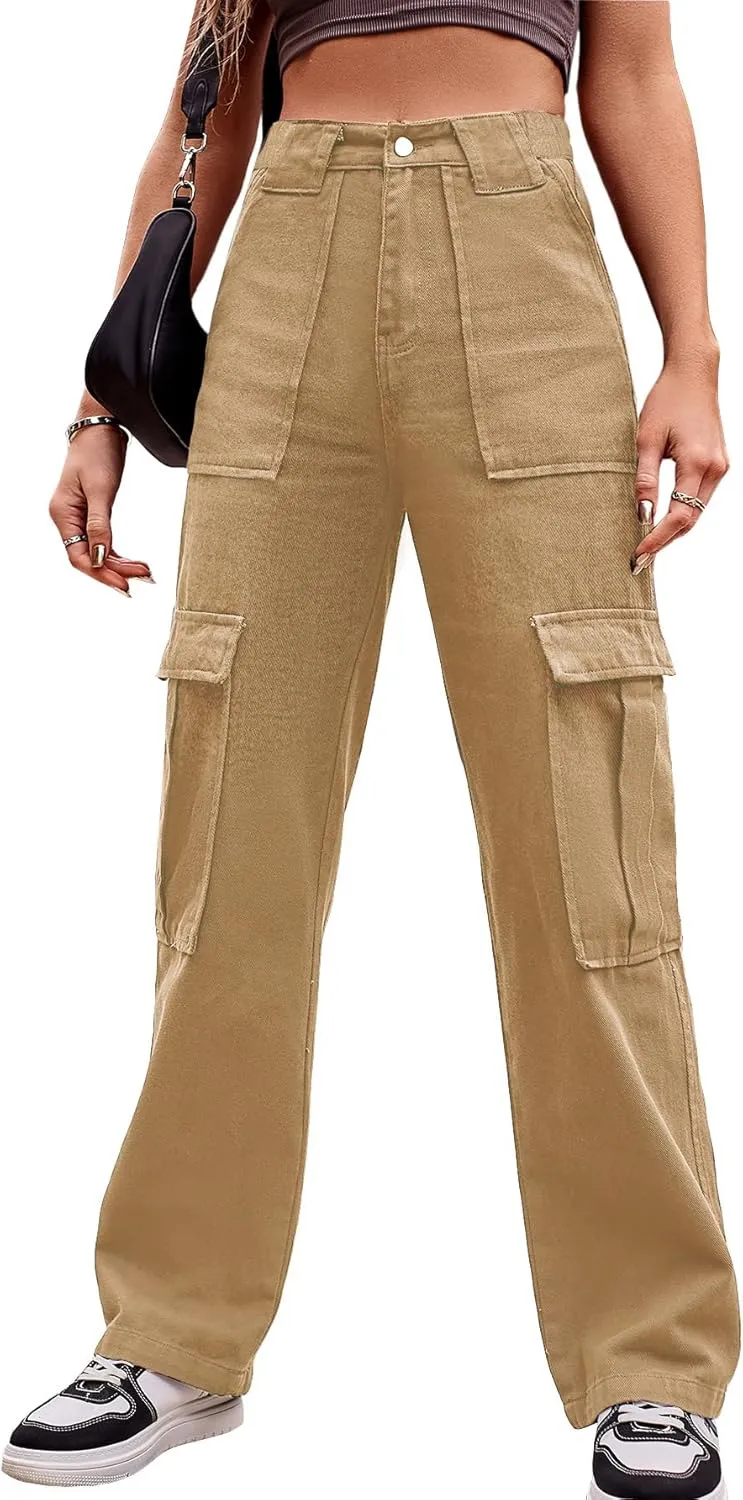 THWEI Cargo Pants for Women High Waisted Casual Baggy Stretchy Wide Leg Y2K Streetwear with 6 Pockets