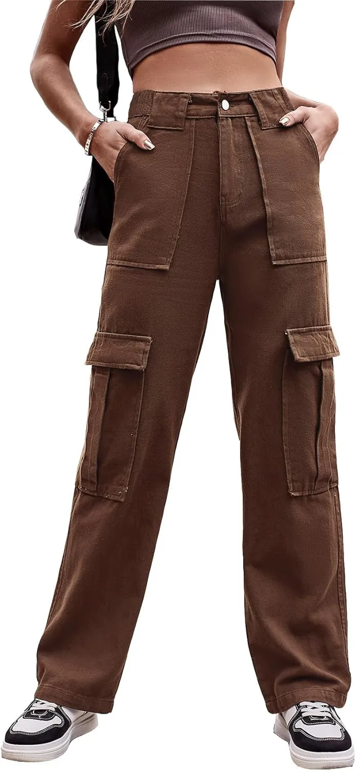 THWEI Cargo Pants for Women High Waisted Casual Baggy Stretchy Wide Leg Y2K Streetwear with 6 Pockets