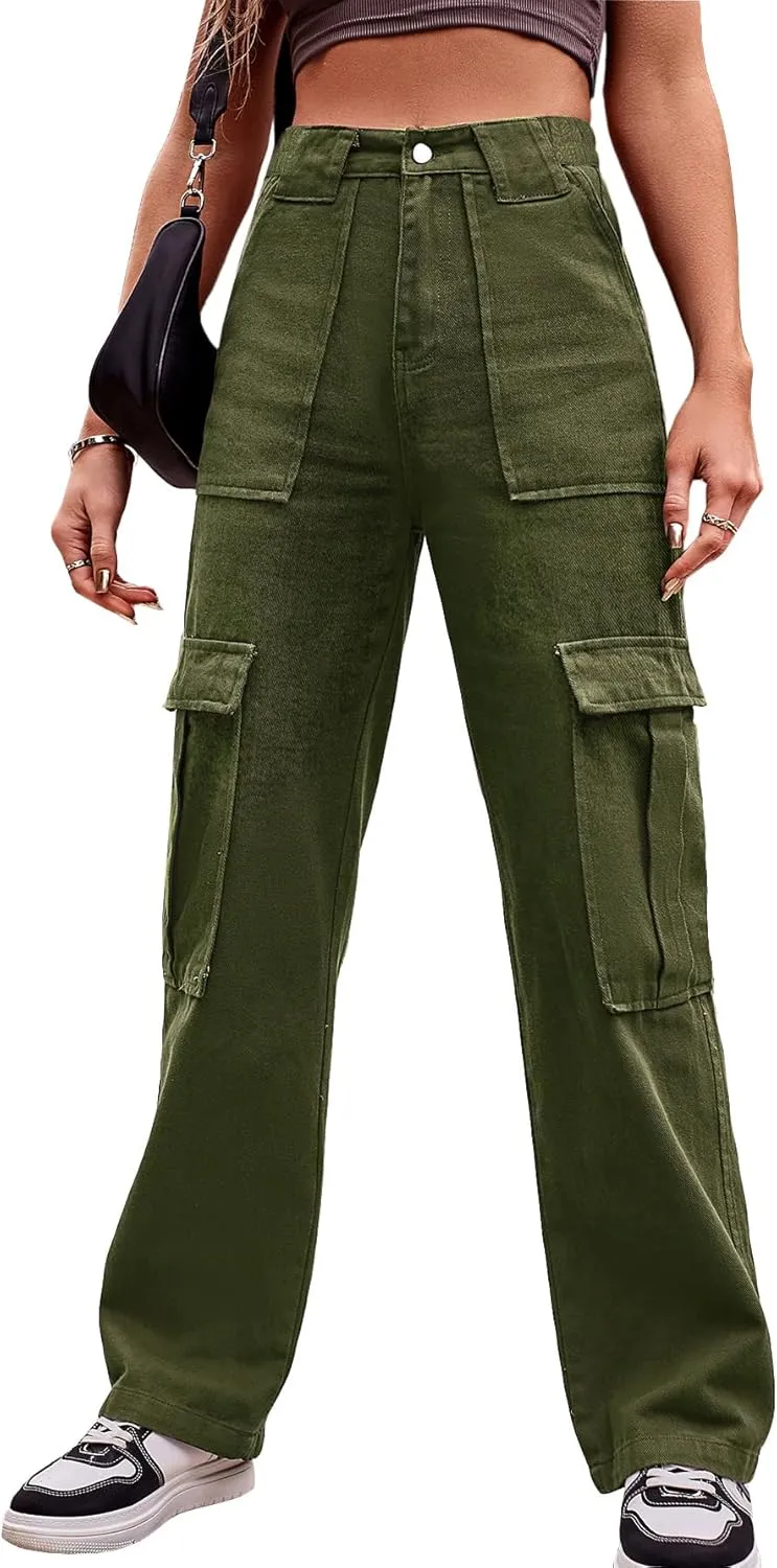 THWEI Cargo Pants for Women High Waisted Casual Baggy Stretchy Wide Leg Y2K Streetwear with 6 Pockets
