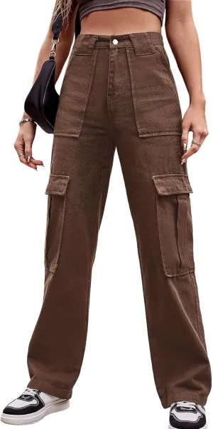 THWEI Cargo Pants for Women High Waisted Casual Baggy Stretchy Wide Leg Y2K Streetwear with 6 Pockets