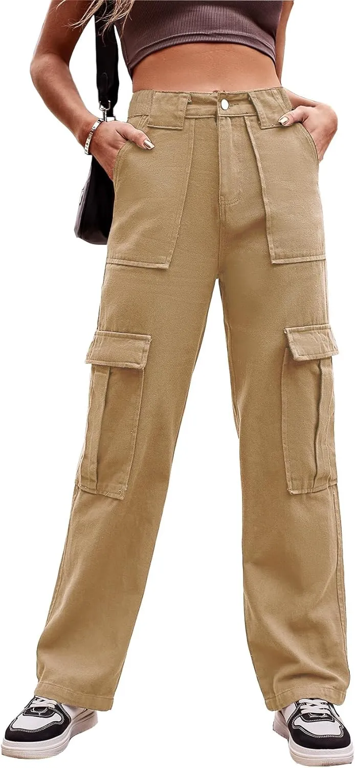 THWEI Cargo Pants for Women High Waisted Casual Baggy Stretchy Wide Leg Y2K Streetwear with 6 Pockets