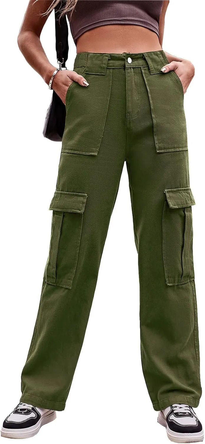 THWEI Cargo Pants for Women High Waisted Casual Baggy Stretchy Wide Leg Y2K Streetwear with 6 Pockets