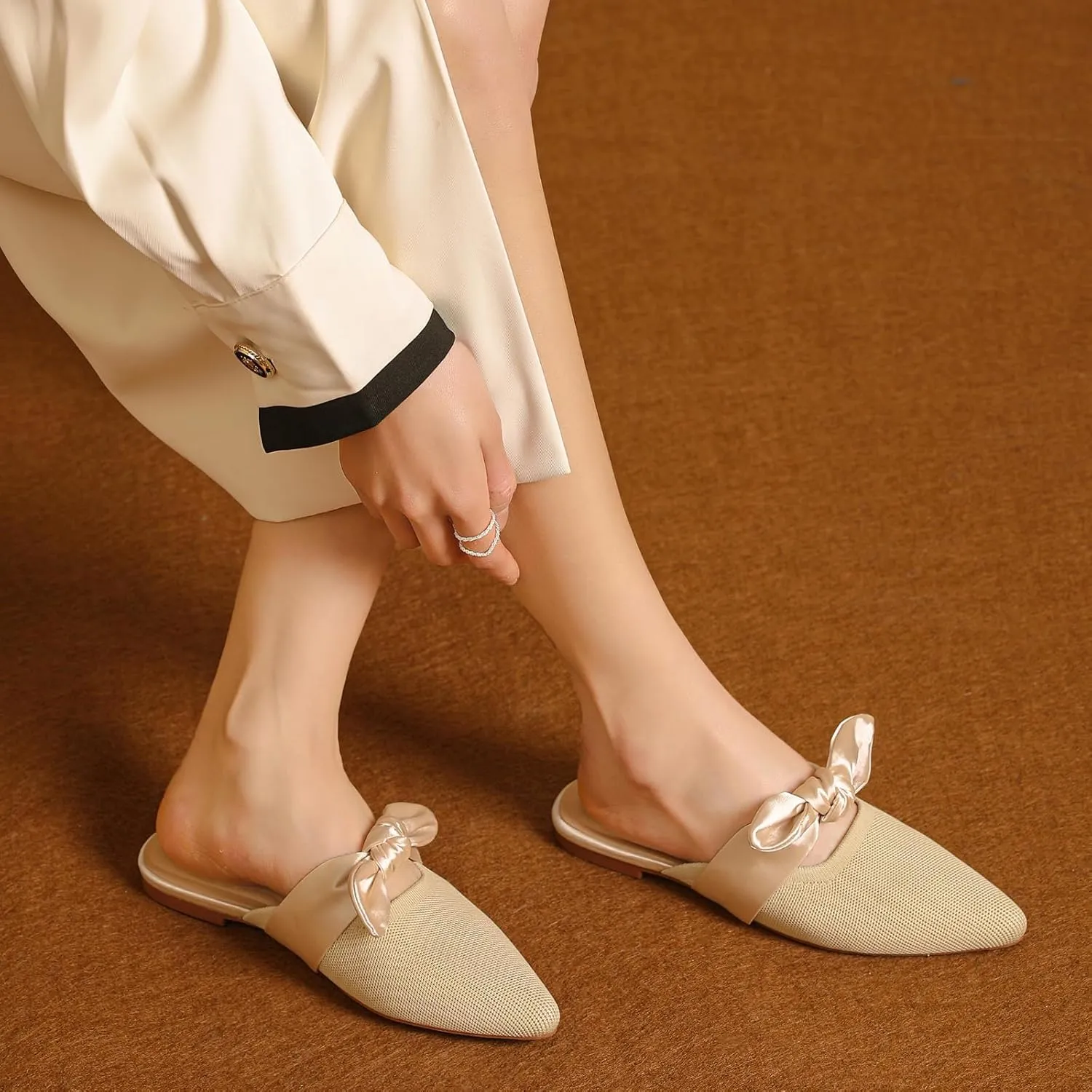 Tilocow Knit Mules for Woman Pointed Toe Flats Bow Mules Slip On Slides Flats Shoes Women Dressy Comfortable