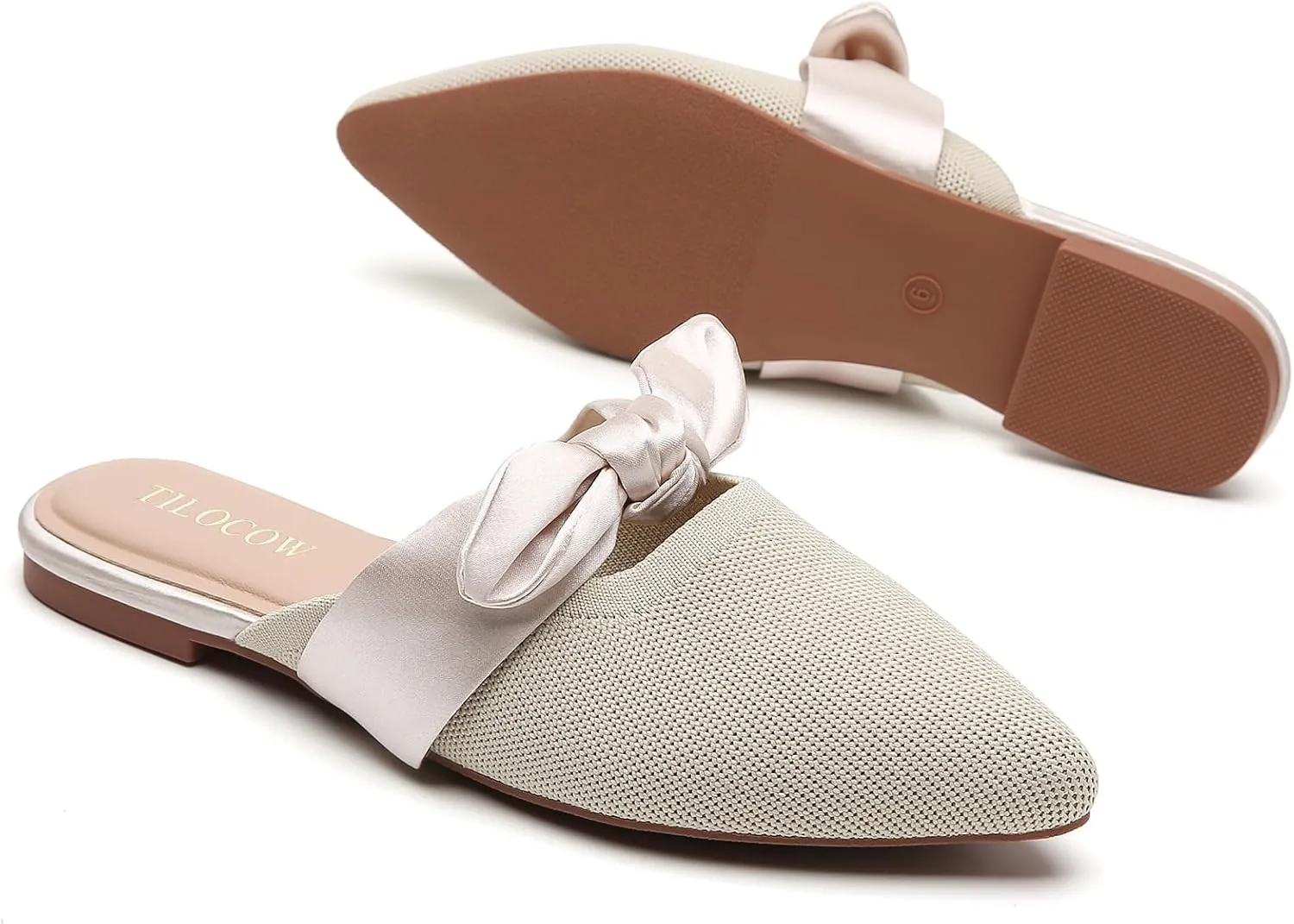 Tilocow Knit Mules for Woman Pointed Toe Flats Bow Mules Slip On Slides Flats Shoes Women Dressy Comfortable