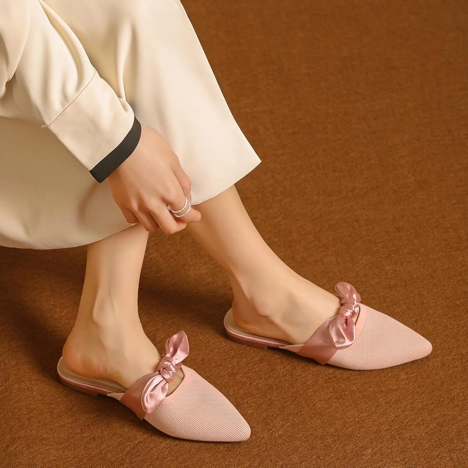 Tilocow Knit Mules for Woman Pointed Toe Flats Bow Mules Slip On Slides Flats Shoes Women Dressy Comfortable