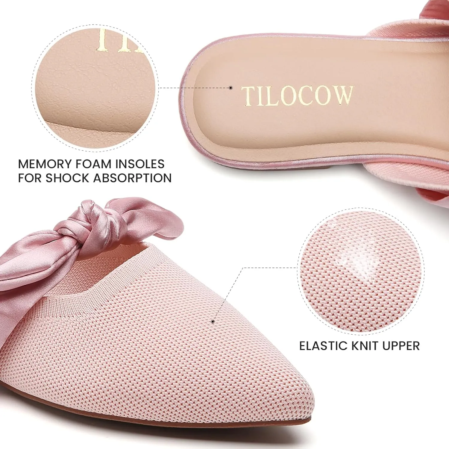 Tilocow Knit Mules for Woman Pointed Toe Flats Bow Mules Slip On Slides Flats Shoes Women Dressy Comfortable