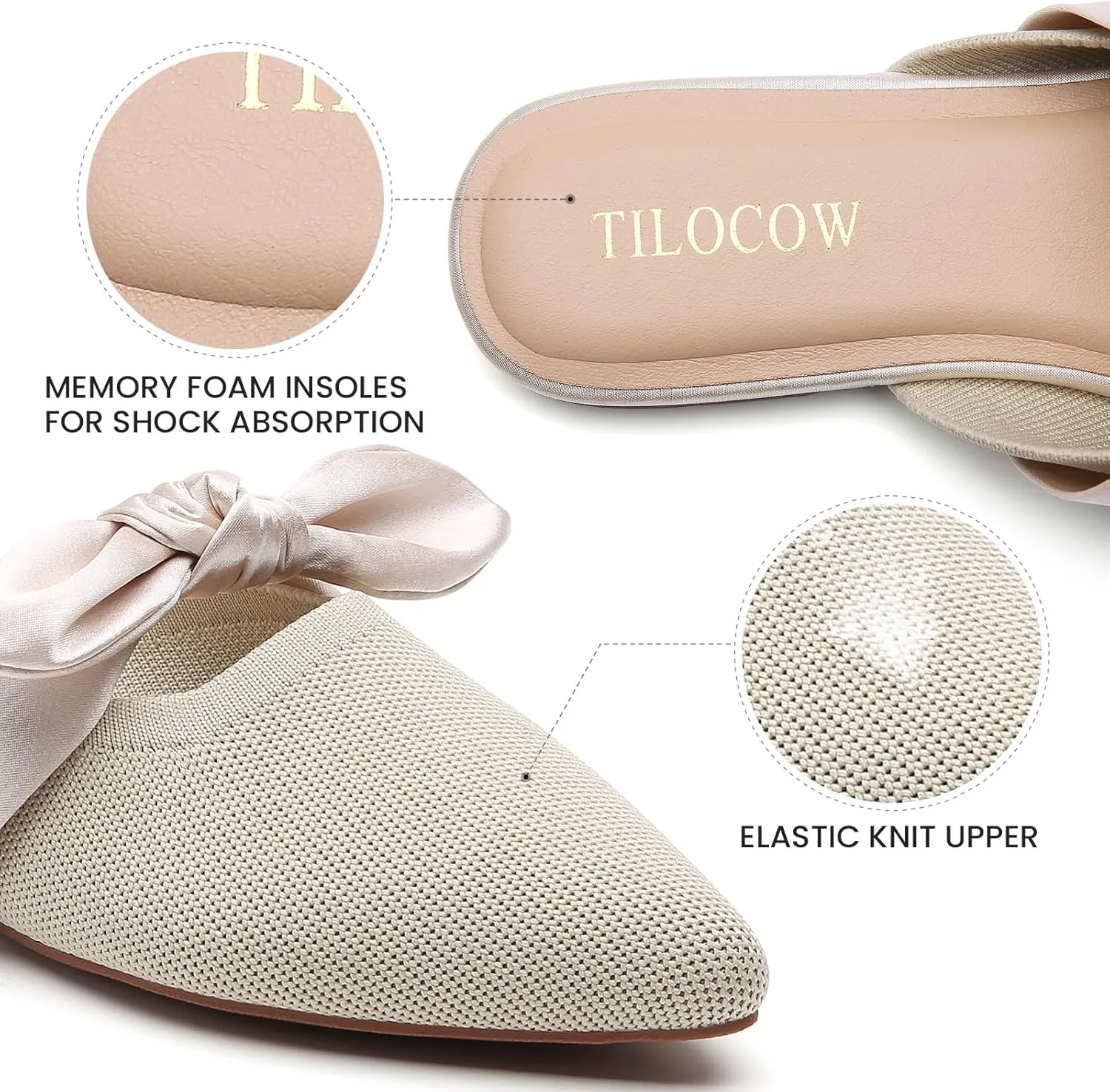 Tilocow Knit Mules for Woman Pointed Toe Flats Bow Mules Slip On Slides Flats Shoes Women Dressy Comfortable