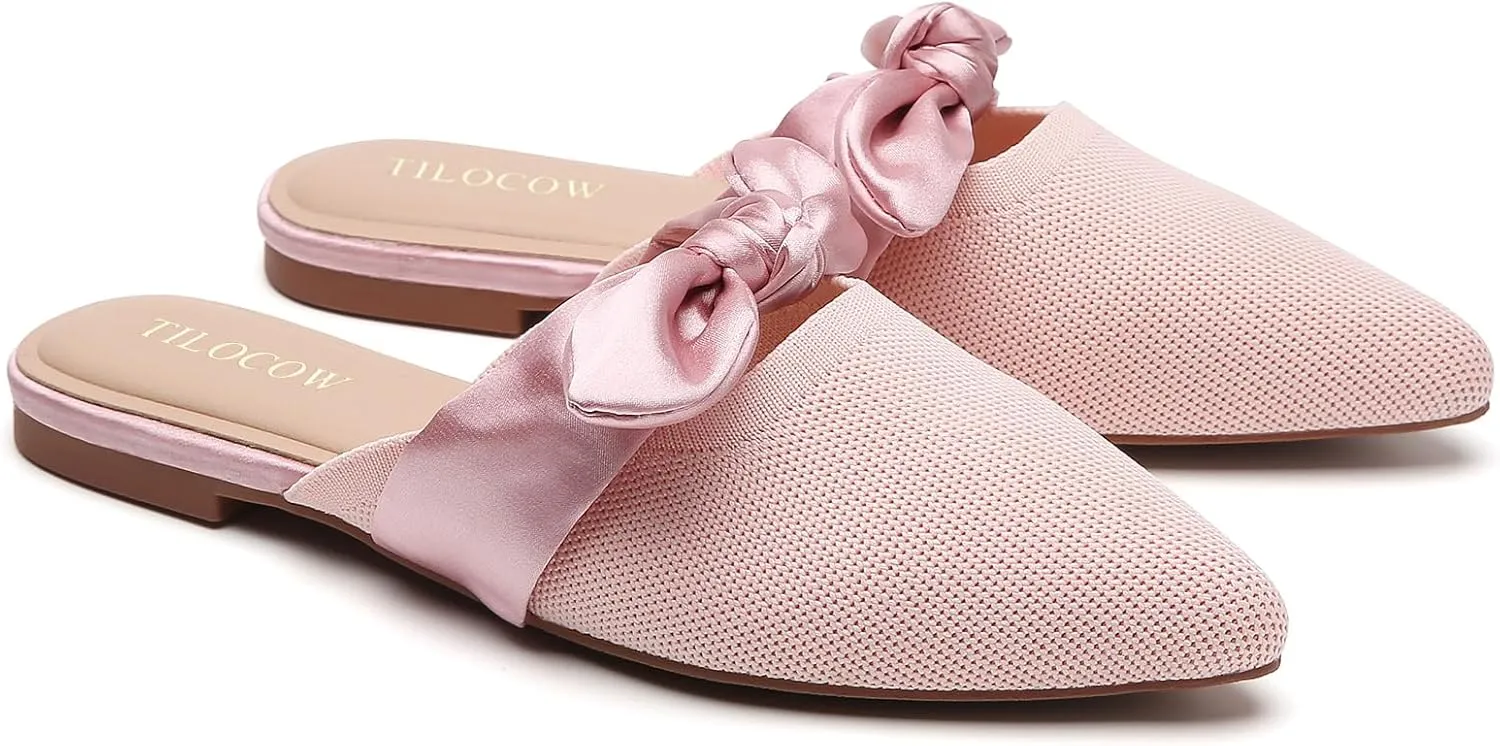 Tilocow Knit Mules for Woman Pointed Toe Flats Bow Mules Slip On Slides Flats Shoes Women Dressy Comfortable