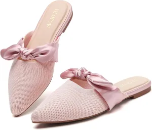 Tilocow Knit Mules for Woman Pointed Toe Flats Bow Mules Slip On Slides Flats Shoes Women Dressy Comfortable
