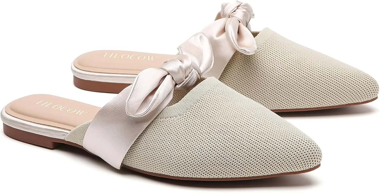 Tilocow Knit Mules for Woman Pointed Toe Flats Bow Mules Slip On Slides Flats Shoes Women Dressy Comfortable