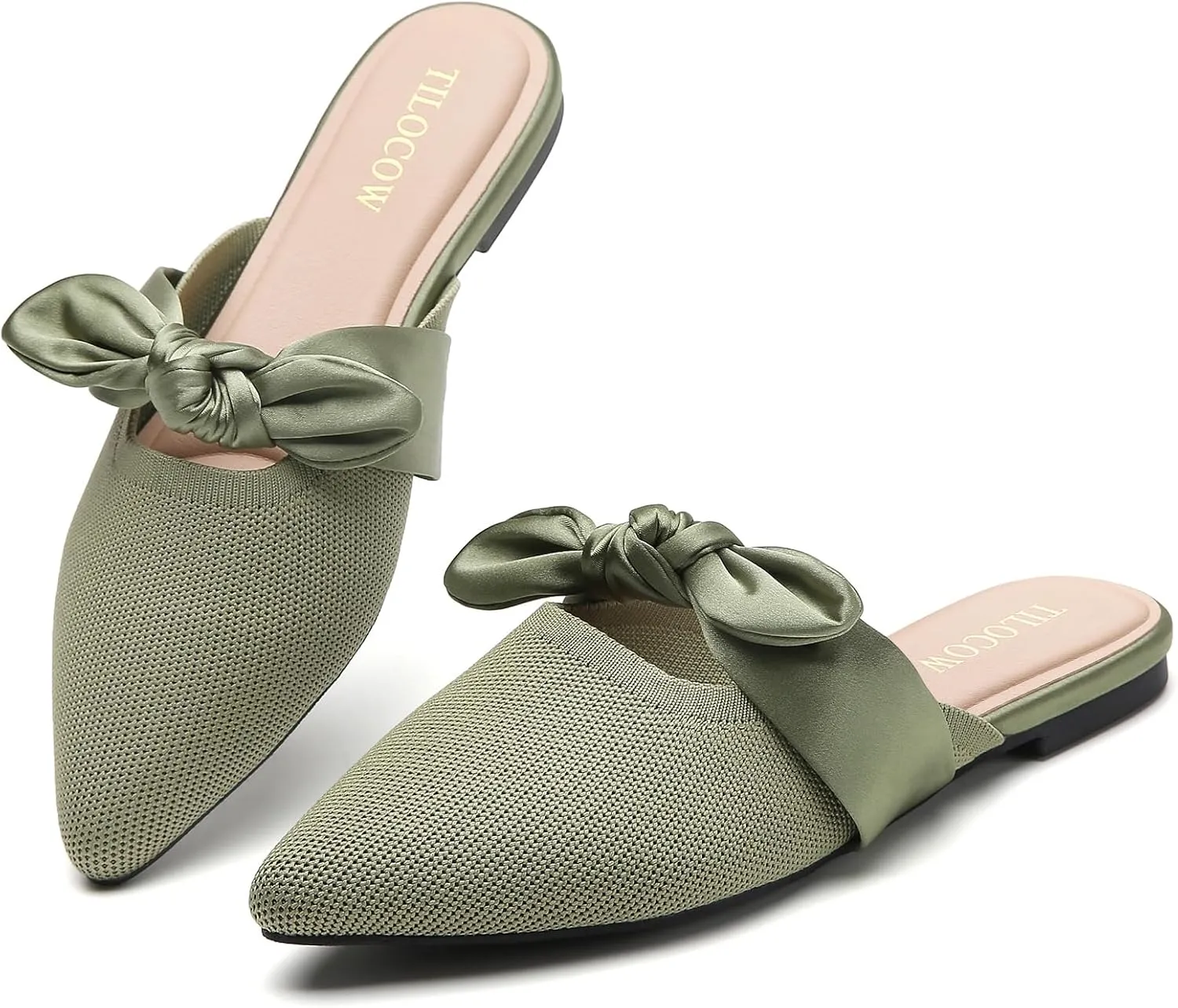 Tilocow Knit Mules for Woman Pointed Toe Flats Bow Mules Slip On Slides Flats Shoes Women Dressy Comfortable