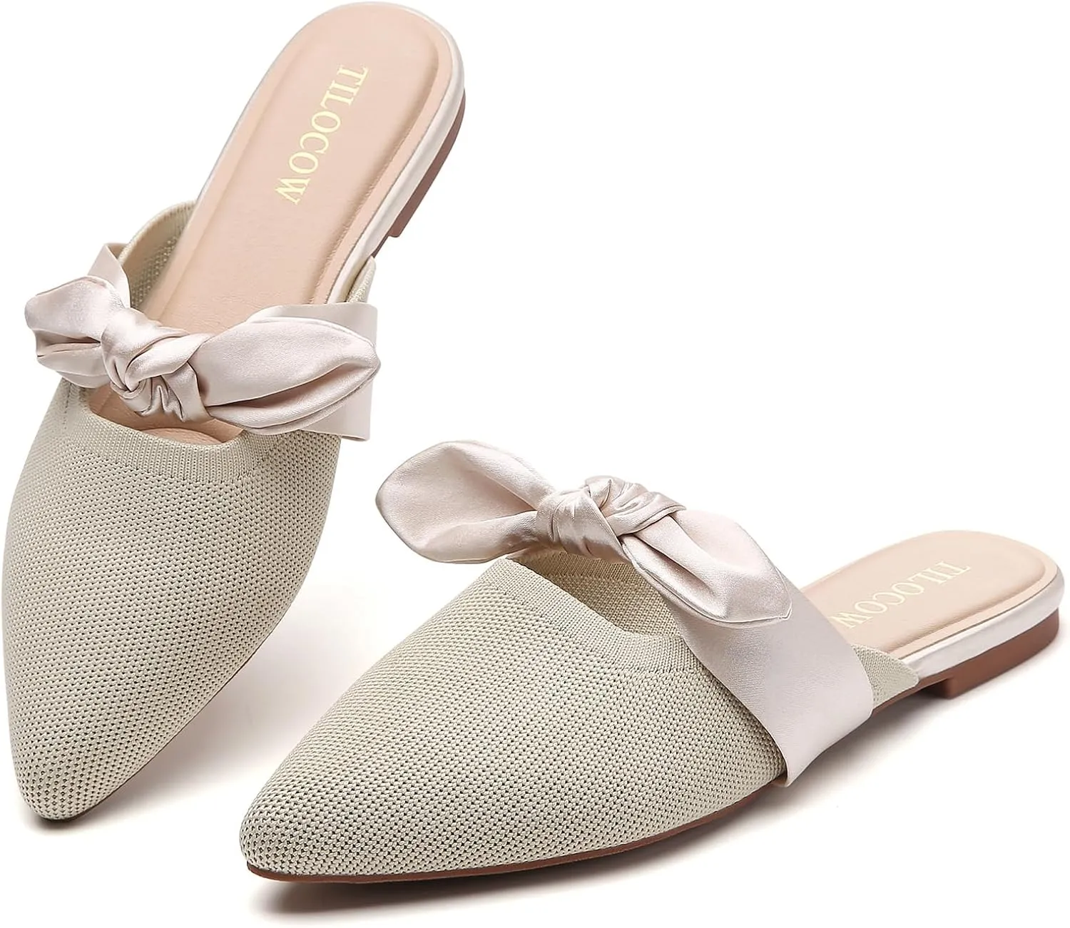 Tilocow Knit Mules for Woman Pointed Toe Flats Bow Mules Slip On Slides Flats Shoes Women Dressy Comfortable