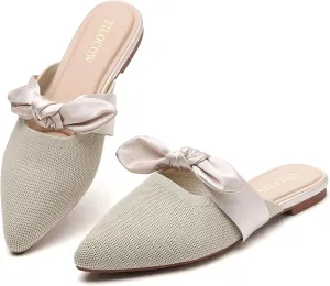 Tilocow Knit Mules for Woman Pointed Toe Flats Bow Mules Slip On Slides Flats Shoes Women Dressy Comfortable