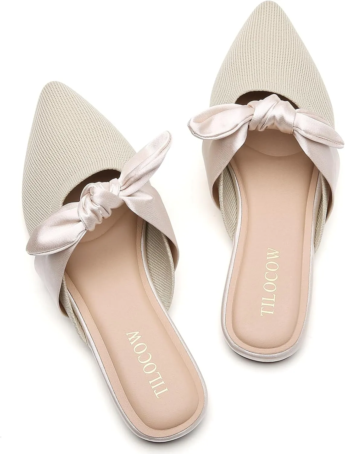 Tilocow Knit Mules for Woman Pointed Toe Flats Bow Mules Slip On Slides Flats Shoes Women Dressy Comfortable