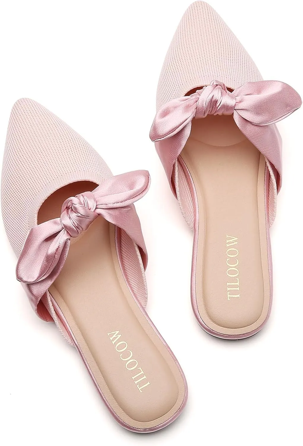 Tilocow Knit Mules for Woman Pointed Toe Flats Bow Mules Slip On Slides Flats Shoes Women Dressy Comfortable