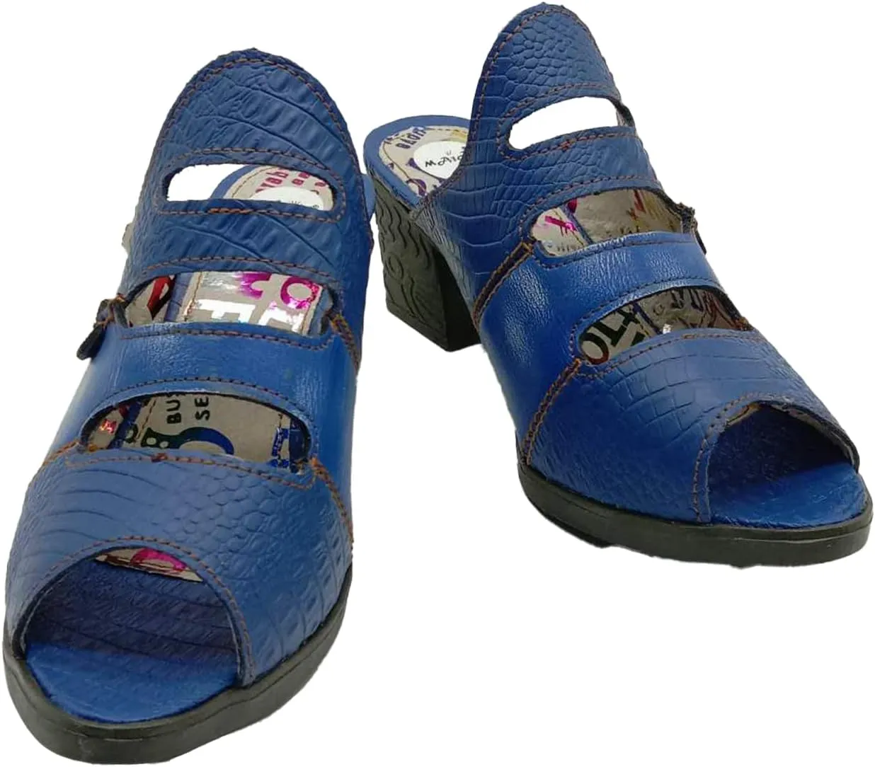 TMA EYES & MAiA Women Hollow-out Printed Leather Sandals Spliced Mid-Heeled Sandals