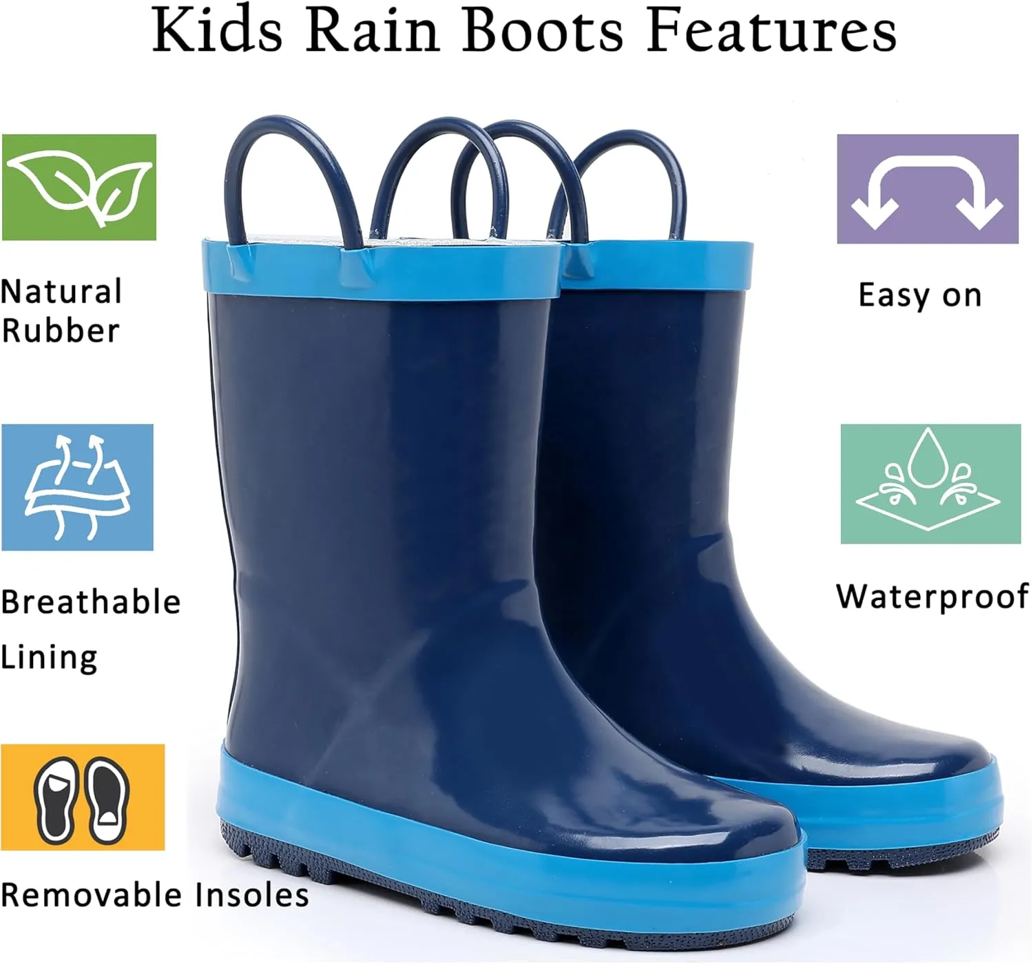 Toddler Rain Boots for Boys and Girls Waterproof Rubber Kids Rain Boots with Easy on Handles All-season