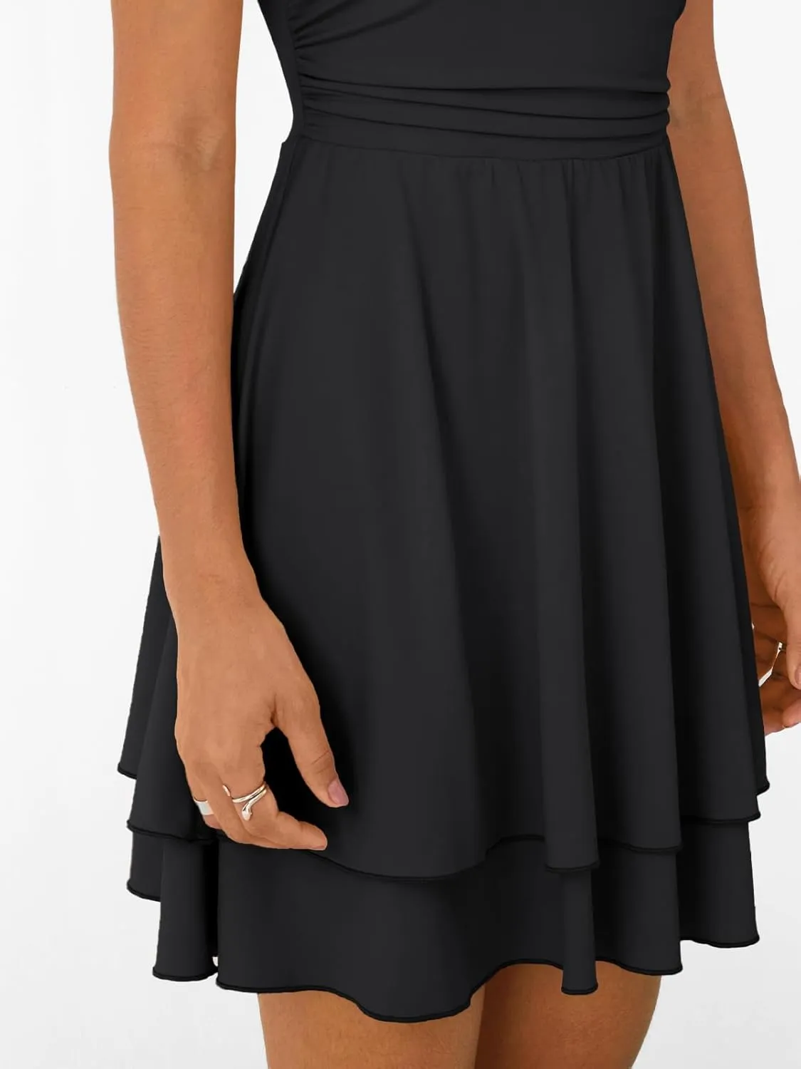 Trendy Queen Women's Square Neck Summer Party Flowy Ruffle Hem Ruched Waist Mini Dress