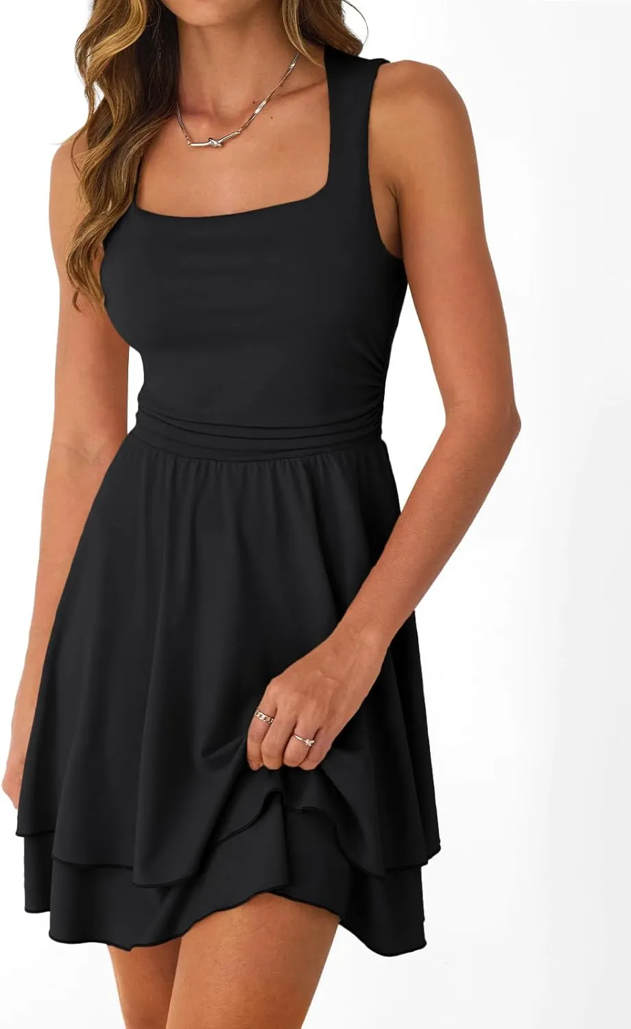 Trendy Queen Women's Square Neck Summer Party Flowy Ruffle Hem Ruched Waist Mini Dress
