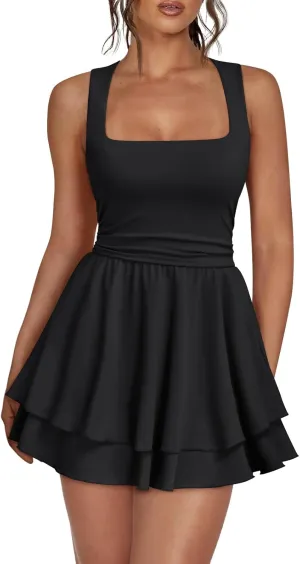 Trendy Queen Women's Square Neck Summer Party Flowy Ruffle Hem Ruched Waist Mini Dress