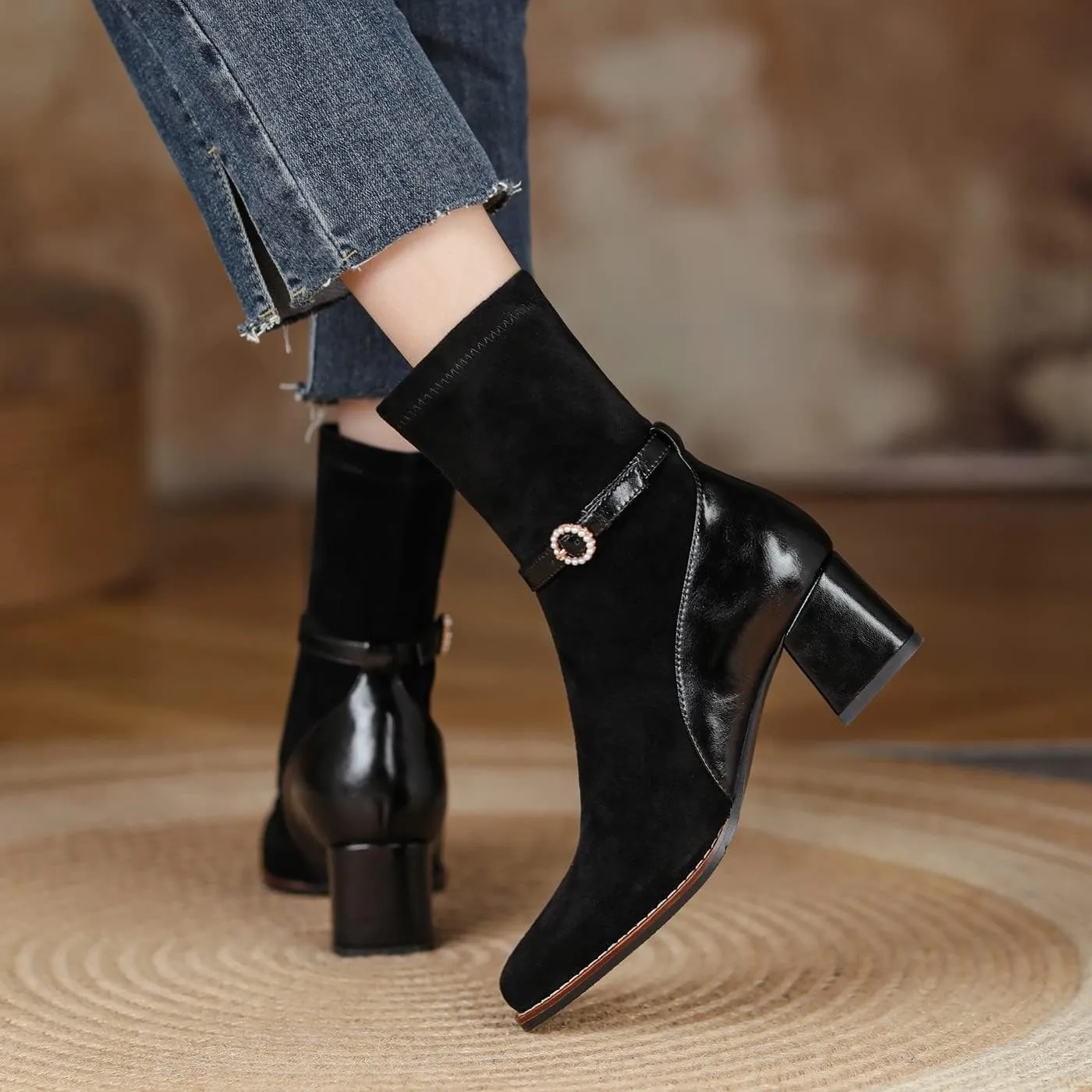 U-lite Women's Elastic Suede Fall Winter Square Toe Shoes, Leather Mid Heel Ankle Boots, Buckle Strap Embellishment Booties