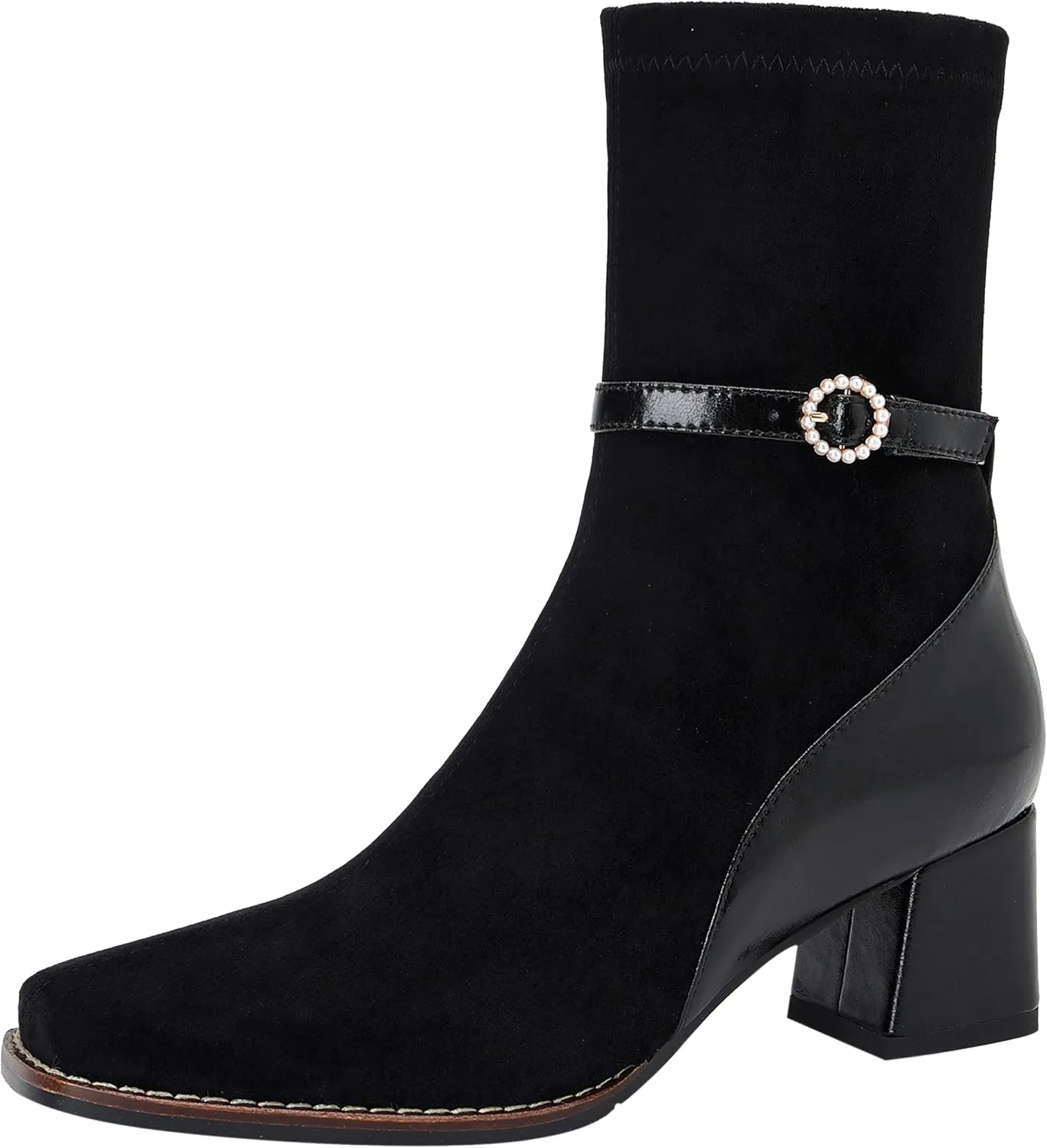 U-lite Women's Elastic Suede Fall Winter Square Toe Shoes, Leather Mid Heel Ankle Boots, Buckle Strap Embellishment Booties