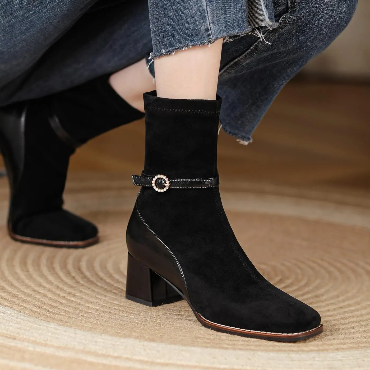 U-lite Women's Elastic Suede Fall Winter Square Toe Shoes, Leather Mid Heel Ankle Boots, Buckle Strap Embellishment Booties