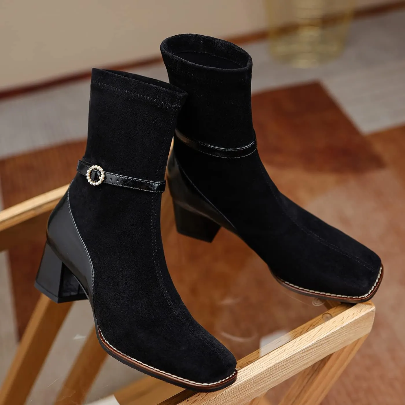 U-lite Women's Elastic Suede Fall Winter Square Toe Shoes, Leather Mid Heel Ankle Boots, Buckle Strap Embellishment Booties
