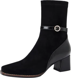 U-lite Women's Elastic Suede Fall Winter Square Toe Shoes, Leather Mid Heel Ankle Boots, Buckle Strap Embellishment Booties
