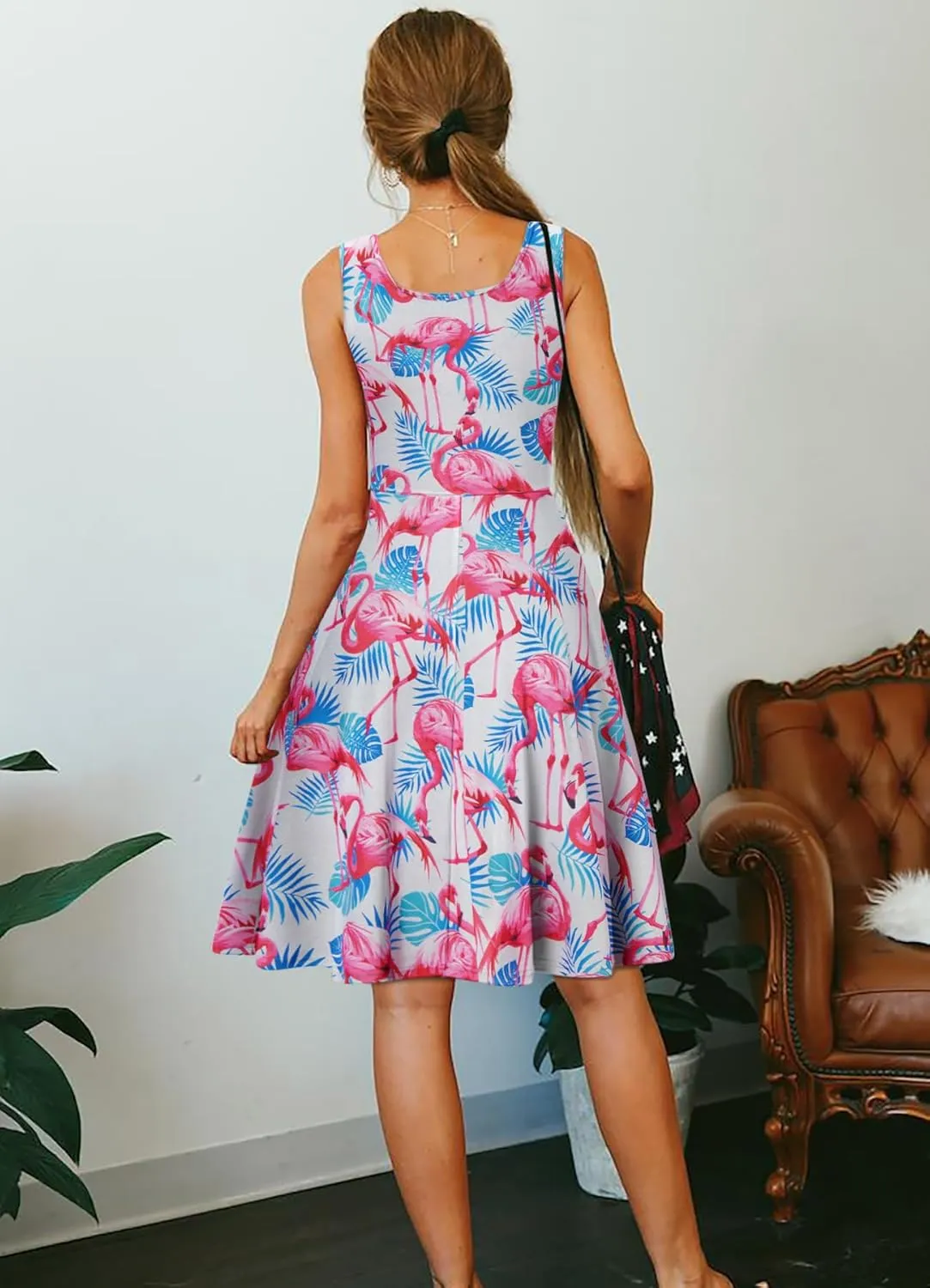uideazone Women's Sleeveless Scoop Neck Summer Beach Casual Midi A Line Dress