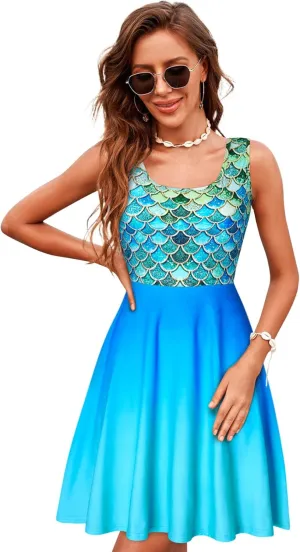 uideazone Women's Sleeveless Scoop Neck Summer Beach Casual Midi A Line Dress