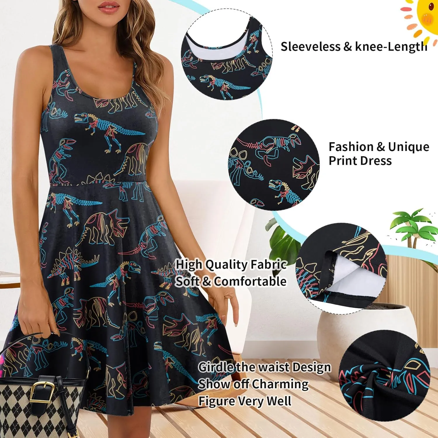 uideazone Women's Sleeveless Scoop Neck Summer Beach Casual Midi A Line Dress