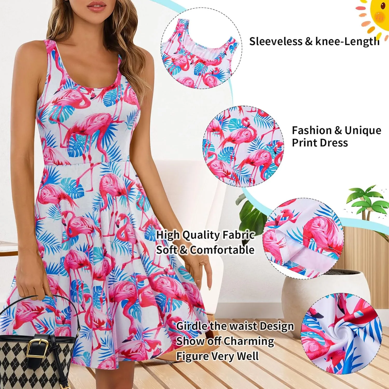 uideazone Women's Sleeveless Scoop Neck Summer Beach Casual Midi A Line Dress