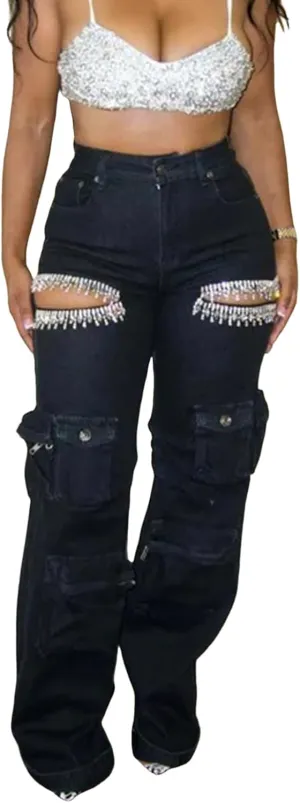 Unybwonn Women Rhinestone Cargo Jeans High Waisted Baggy Sexy Sparkly Cut Out Ripped Distressed Stretchy Denim Pants