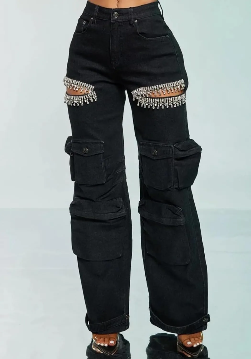 Unybwonn Women Rhinestone Cargo Jeans High Waisted Baggy Sexy Sparkly Cut Out Ripped Distressed Stretchy Denim Pants