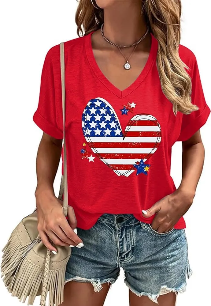 USA Flag V-Neck Shirt Women Star and Stripes Graphic Tops Red White and Blue Short Sleeve Tee Summer Patriotic T-Shirt