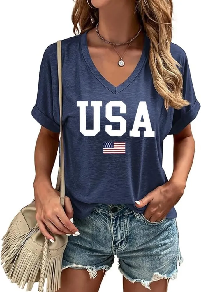 USA Flag V-Neck Shirt Women Star and Stripes Graphic Tops Red White and Blue Short Sleeve Tee Summer Patriotic T-Shirt