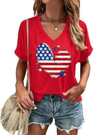 USA Flag V-Neck Shirt Women Star and Stripes Graphic Tops Red White and Blue Short Sleeve Tee Summer Patriotic T-Shirt
