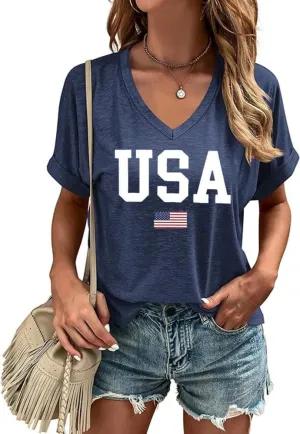 USA Flag V-Neck Shirt Women Star and Stripes Graphic Tops Red White and Blue Short Sleeve Tee Summer Patriotic T-Shirt
