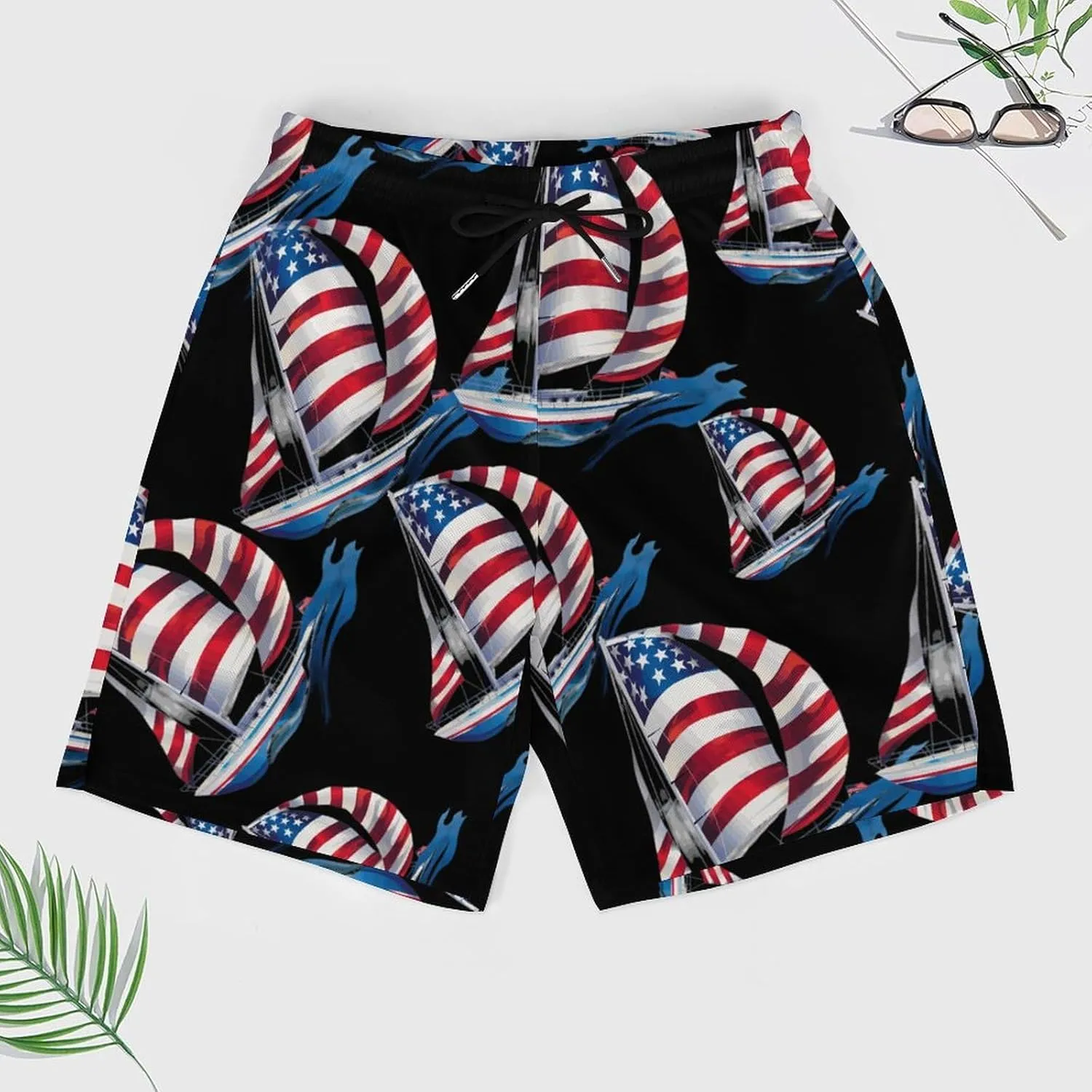 USA Sailboat Men's Swim Trunks Quick Dry Board Shorts Swimwear Beach Shorts with Compression Liner