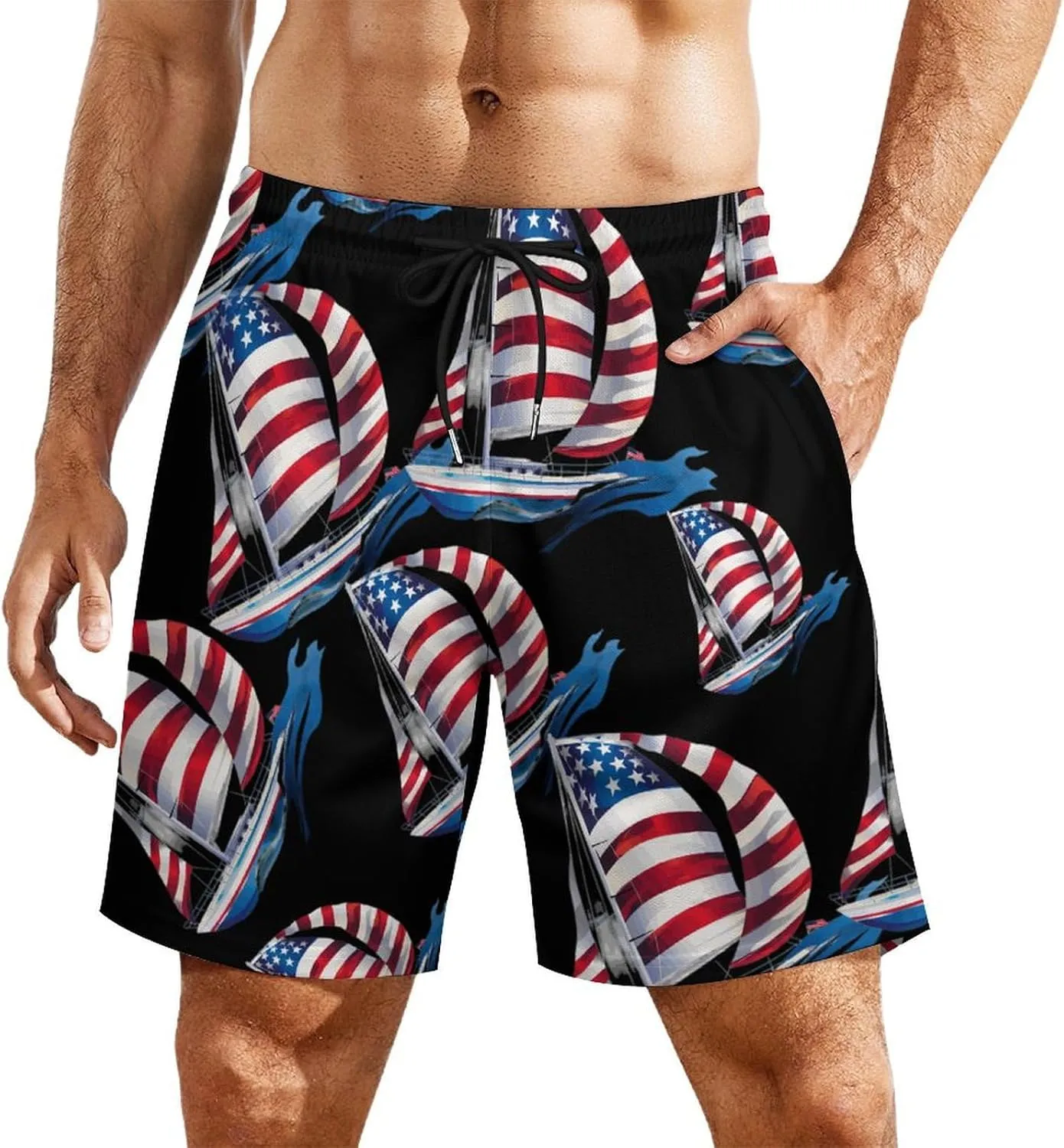 USA Sailboat Men's Swim Trunks Quick Dry Board Shorts Swimwear Beach Shorts with Compression Liner