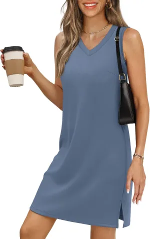 V-Neck Summer Casual Beach Dress for Women 2025 Vacation Women's Sleeveless Sundress with Split