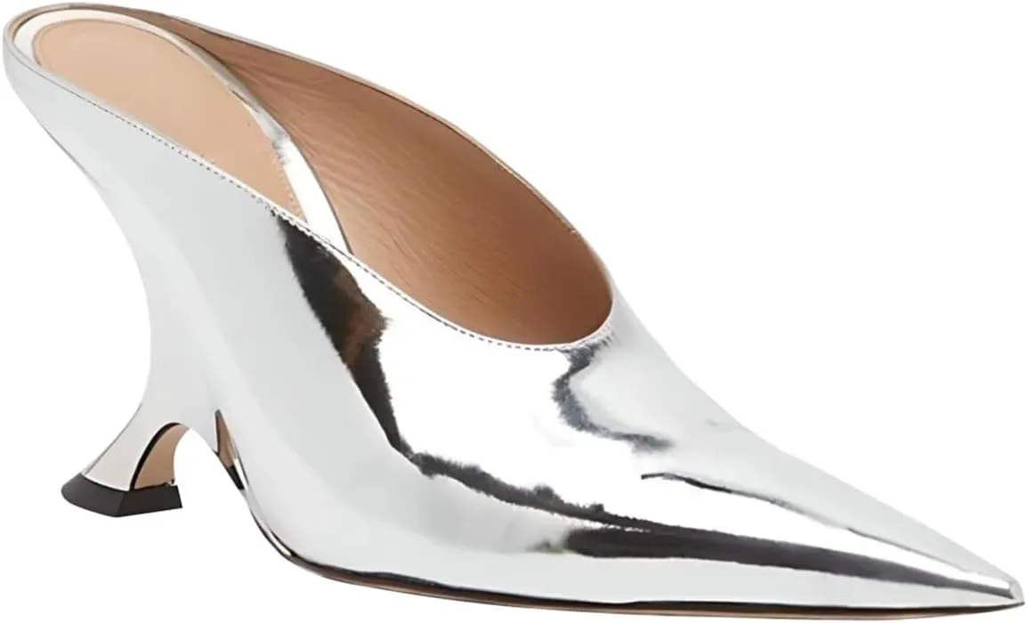 Vertundy Wedge Heels Mules For Women Pointed Closed Toe Backless Metallic Leather High-Heeled Sandals Slip On Bridal Wedding Mule Pumps