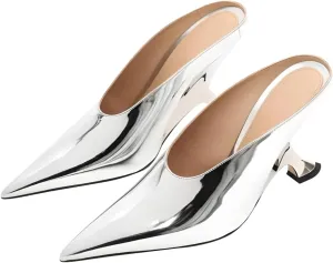 Vertundy Wedge Heels Mules For Women Pointed Closed Toe Backless Metallic Leather High-Heeled Sandals Slip On Bridal Wedding Mule Pumps