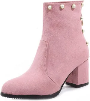VOKLIN Women's Chunky Block Heel Dress Ankle Boots Suede Round Toe Zipper Booties Studded Pearls Short Boot