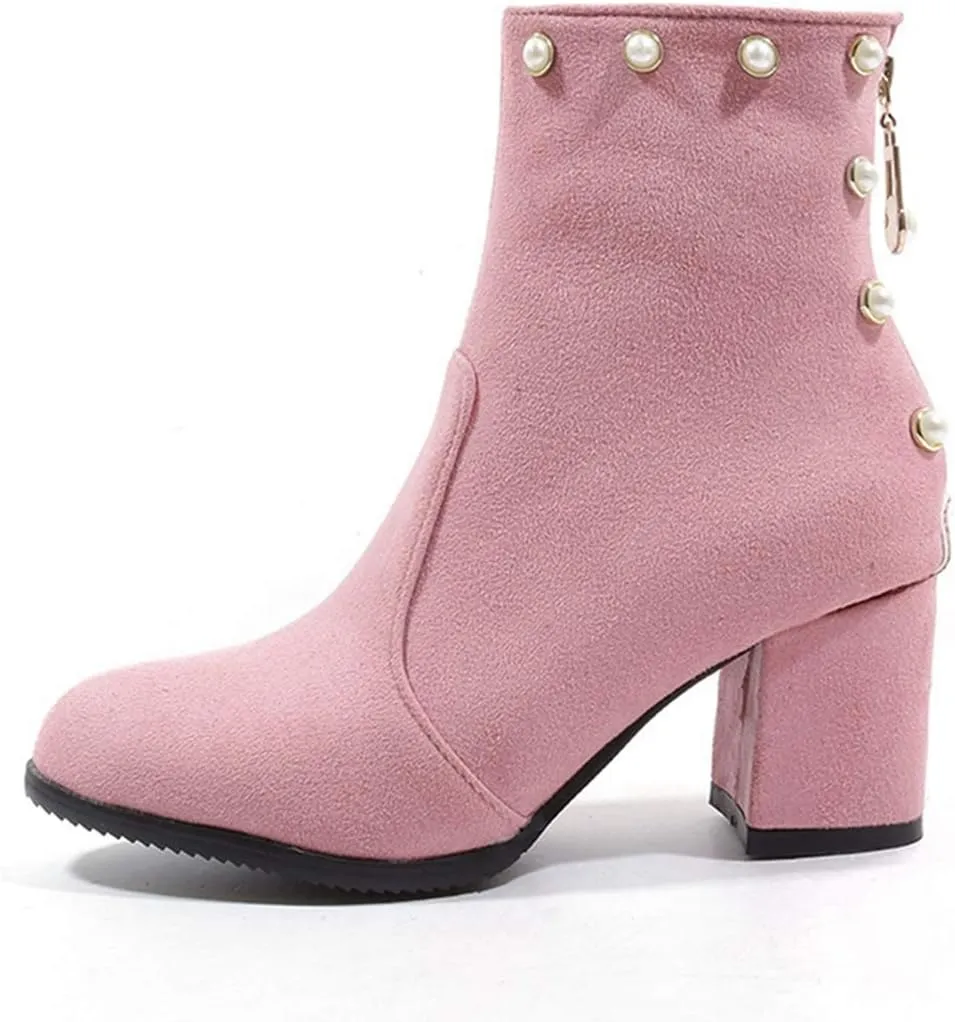 VOKLIN Women's Chunky Block Heel Dress Ankle Boots Suede Round Toe Zipper Booties Studded Pearls Short Boot