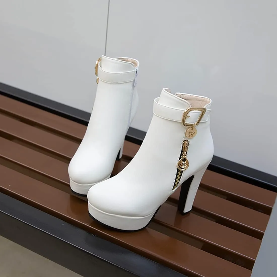VOKLIN Women's Fashion Buckle Platform Block High Heel Ankle Boots Round Toe Side Zipper Dress Short Booties