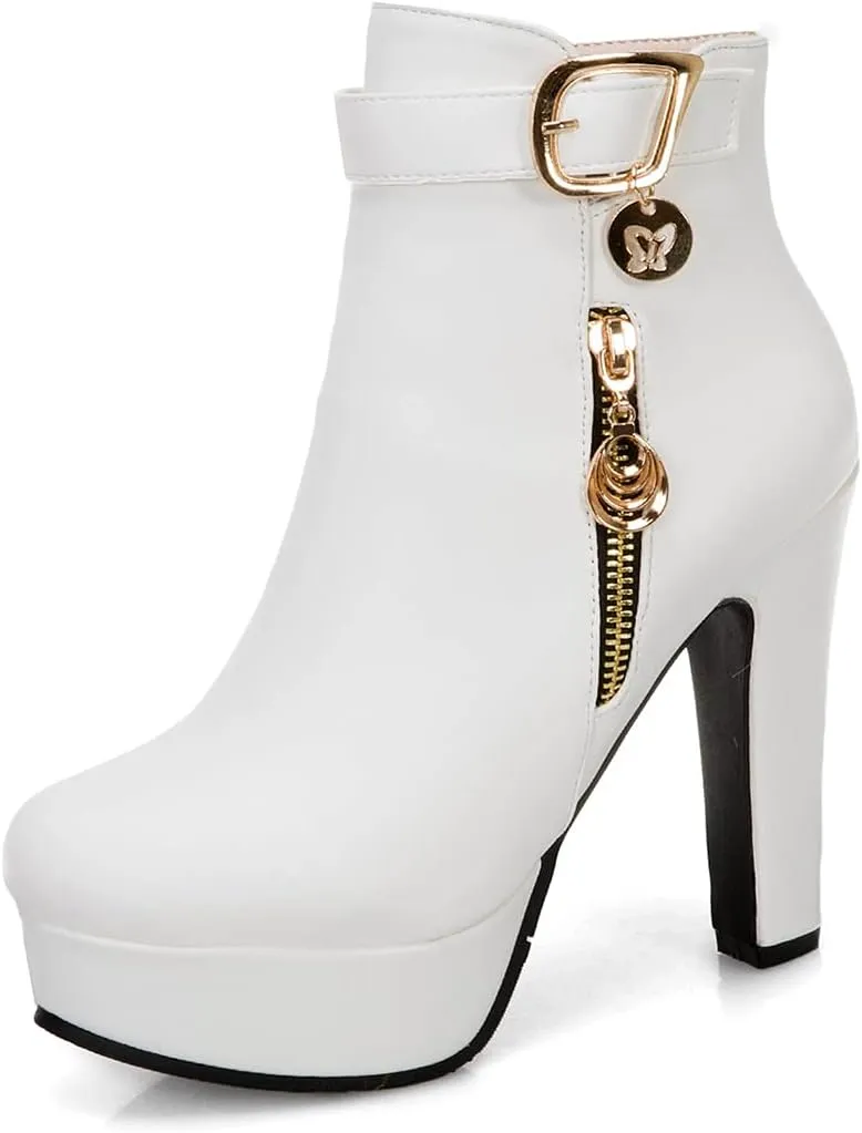 VOKLIN Women's Fashion Buckle Platform Block High Heel Ankle Boots Round Toe Side Zipper Dress Short Booties